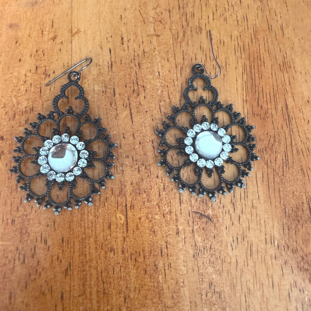 Black Filigree Mandala Drop Earrings Clear Cabochon Rhinestone Gothic Chandelier